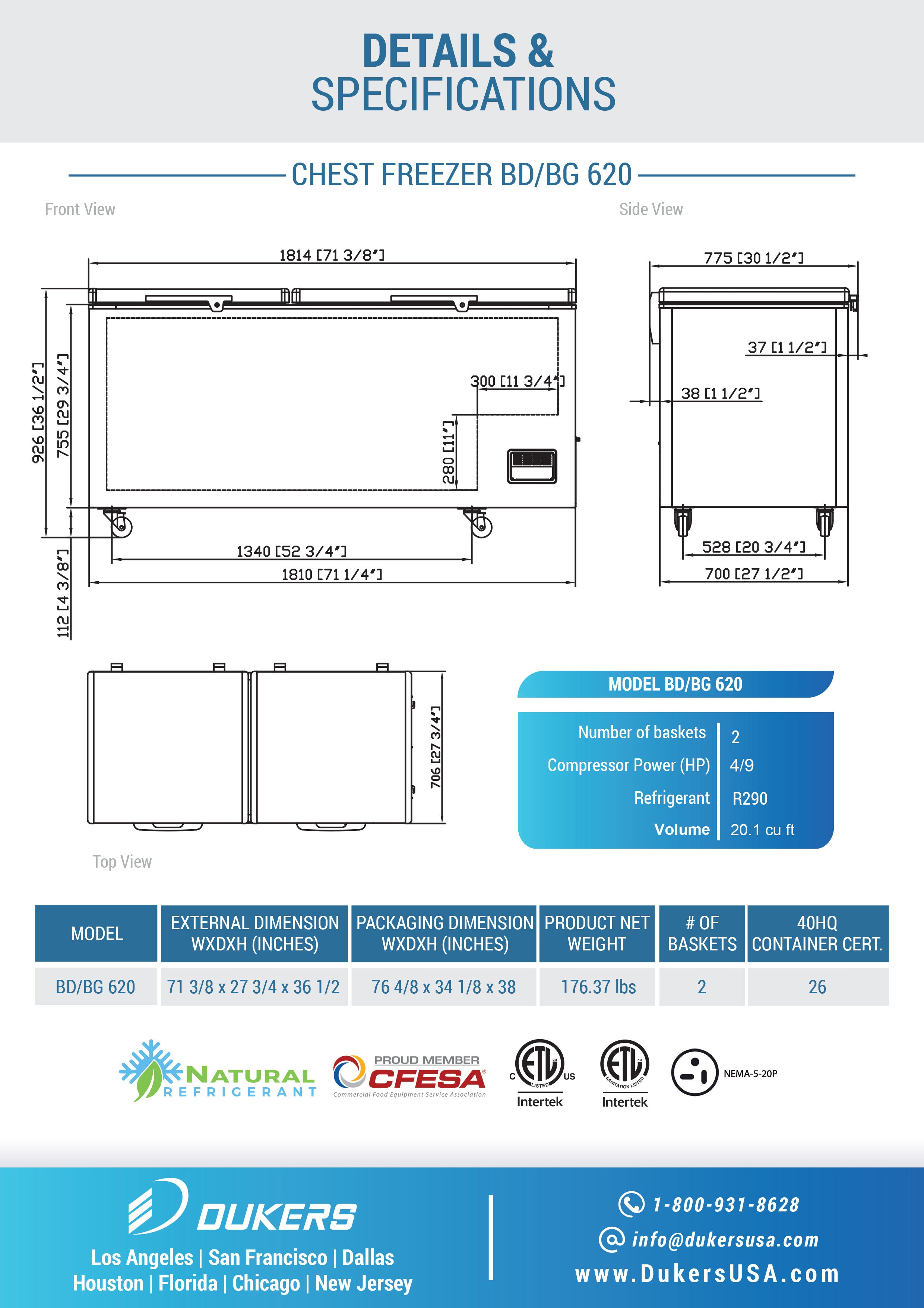 Dukers - BD/BG-620, 71" Chest Freezer With Solid Door