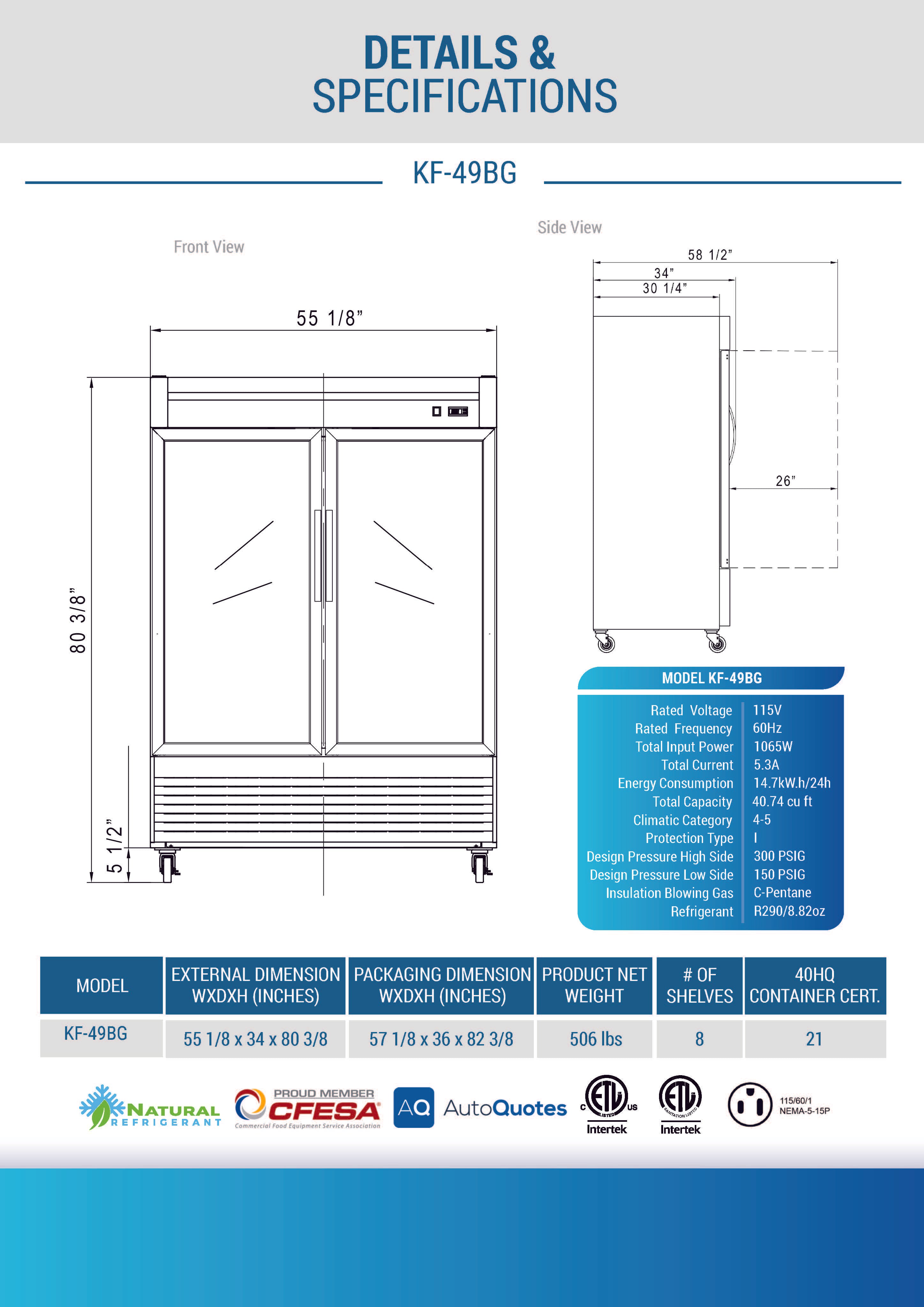 Chef AAA - KF-49BG 55" 2 Glass Door Reach-in Freezer 40.72cu.ft NSF