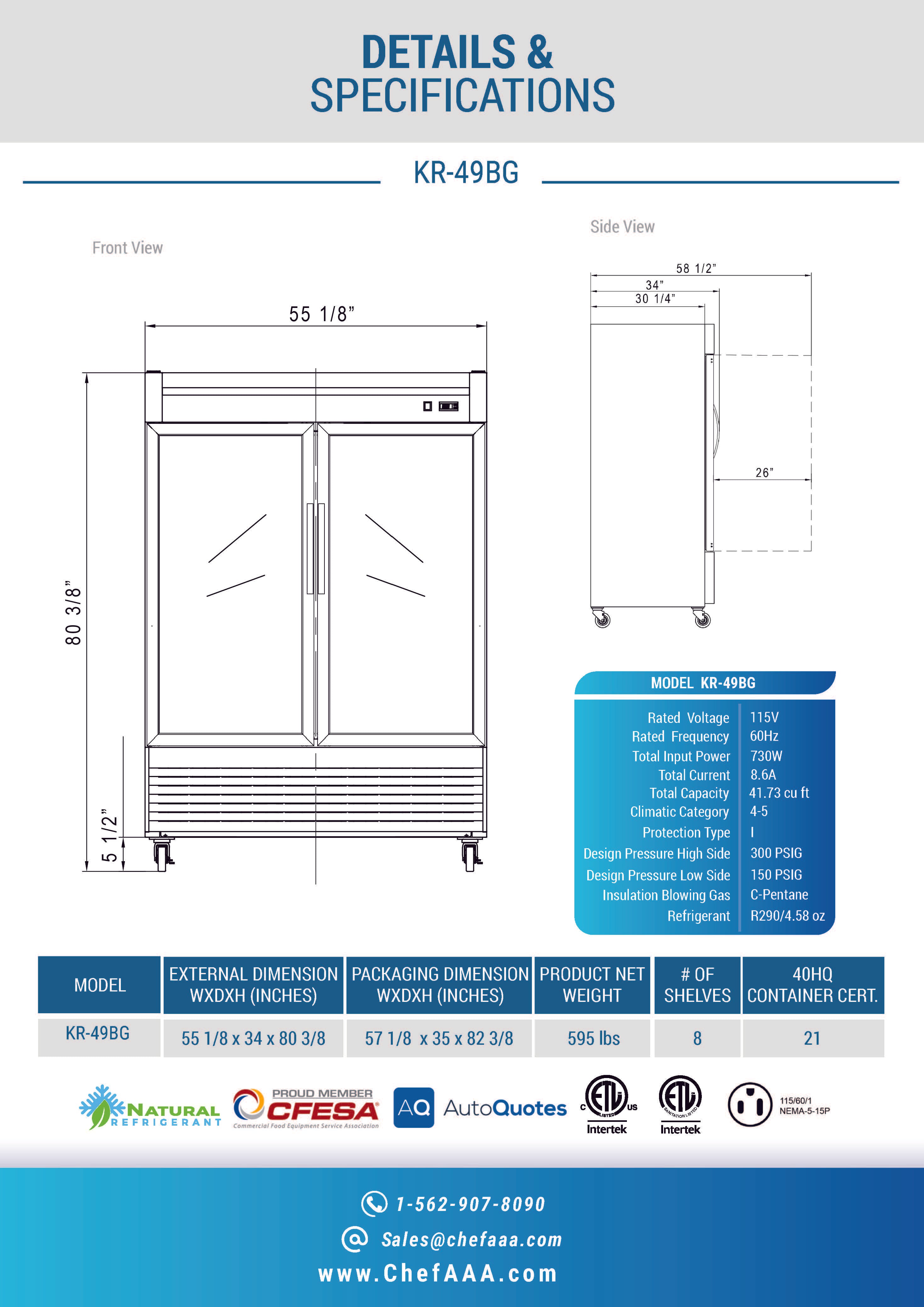 Chef AAA - KR-49BG 55" 2 Glass Door Reach-in refrigerator 40.72cu.ft NSF