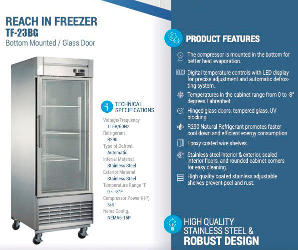 Chef AAA - TF-23BG 27" 1 Glass Door Reach-in Freezer 17.7 cu. ft.