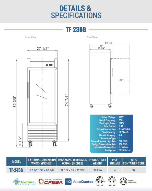 Chef AAA - TF-23BG 27" 1 Glass Door Reach-in Freezer 17.7 cu. ft.