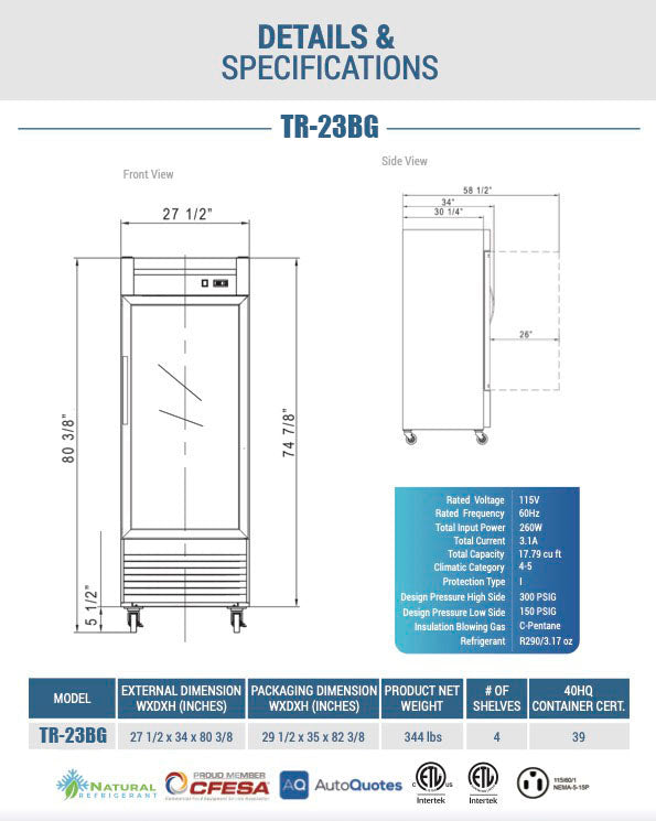 Chef AAA - TR-23BG 27" 1 Glass Door Reach-in Refrigerator 17.7 cu. ft.