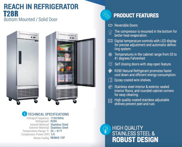 Chef AAA - T28R Commercial 27" Reach-In Refrigerator Solid 1 Door 17.7 cu.ft.