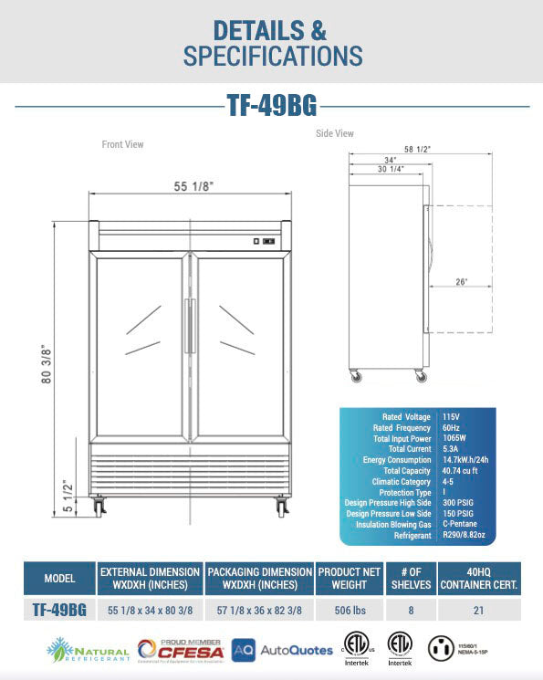 Chef AAA - TF-49BG 55" 2 Glass Door Reach-in Freezer 40.7 cu. ft.