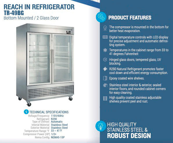 Chef AAA - TR-49BG 55" 2 Glass Door Reach-in Refrigerator 41.7 Cu. ft.