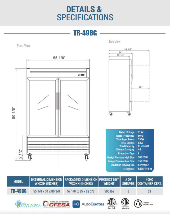 Chef AAA - TR-49BG, 55" 2 Glass Door Reach-in Refrigerator 41.7 Cu. ft.