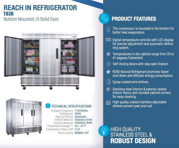 Chef AAA - T83R Commercial 83" Reach-In Refrigerator 3 Solid Door Stainless Steel 64 cu.ft.