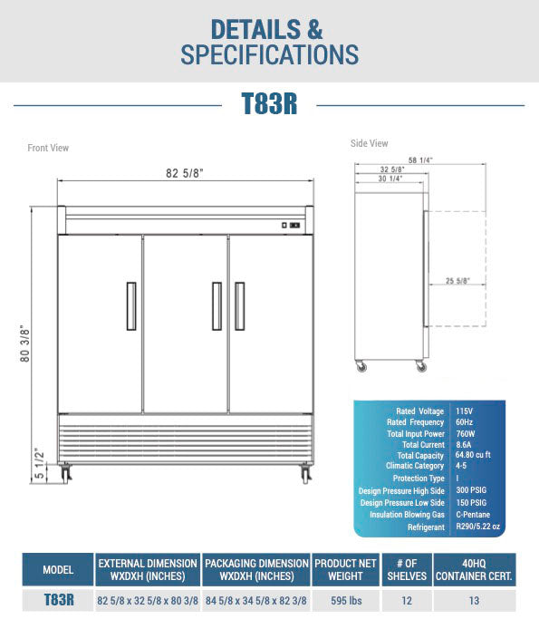 Chef AAA - T83R Commercial 83" Reach-In Refrigerator 3 Solid Door Stainless Steel 64 cu.ft.