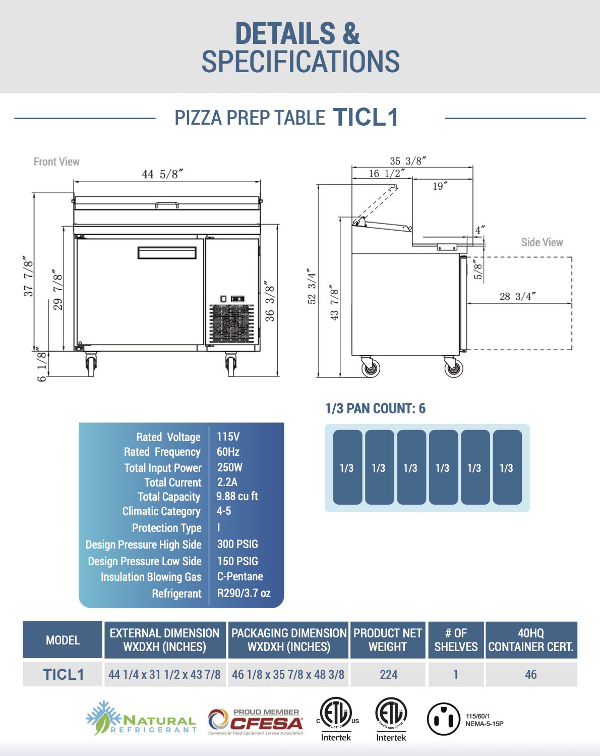 Chef AAA - TICL1-HC, 44" Commercial Sandwich Prep Table Refrigerator 6 Pans 1 Door Stainless Steel 9.8 cu.ft.