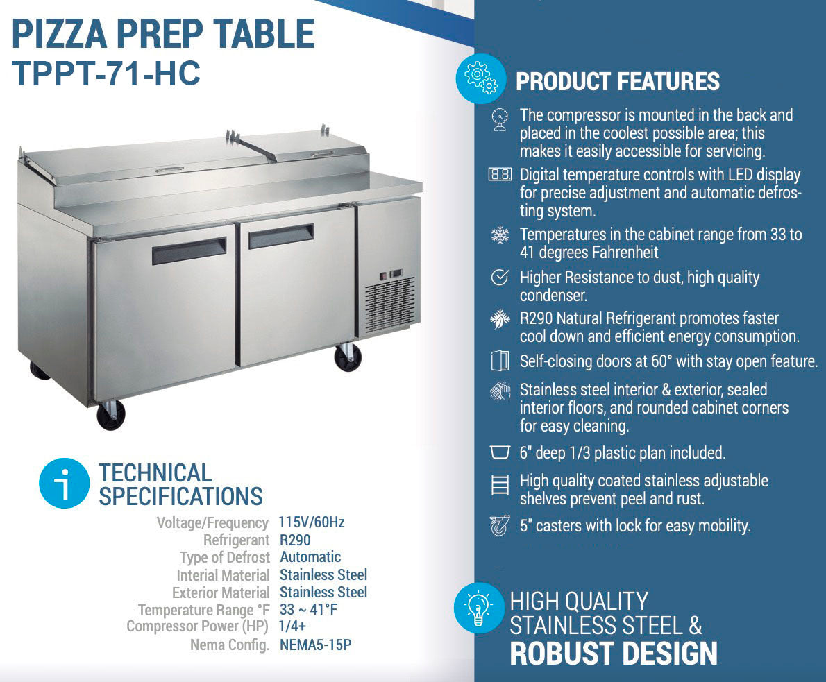 Chef AAA - TPPT-71-HC, Commercial 70" Pizza Prep Table Refrigerator 9 Pans 2 Door Stainless Steel 17.5 cu.ft.