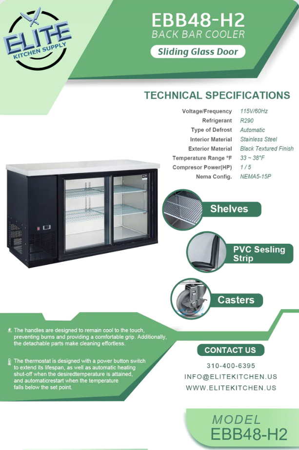 EBB60-H2 2-Door Glass Hinge Back Bar Cooler