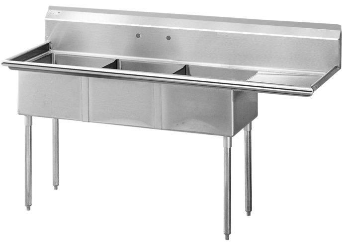 Green World - TSA-3-R1-E , 18″ Three Compartment Sink with right-hand drainboard