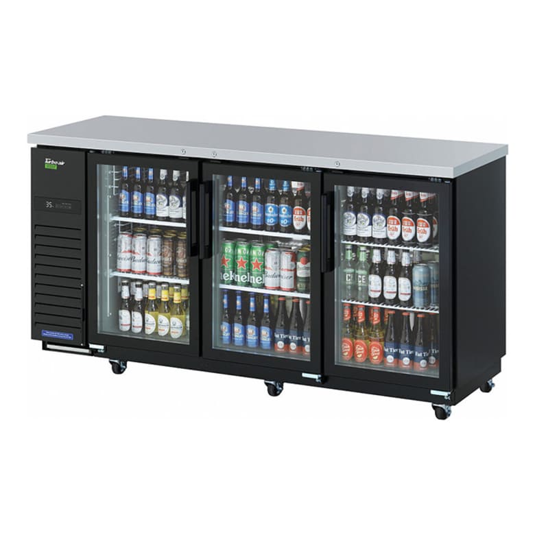 Turbo Air TBB-24-72SGD-N 73 1/8" Bar Refrigerator - 3 Swinging Glass Doors, Black, 115v