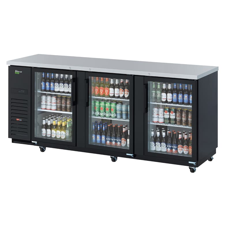 Turbo Air TBB-4SGD-N 90 3/8" Bar Refrigerator - 3 Swinging Glass Doors, Black, 115v