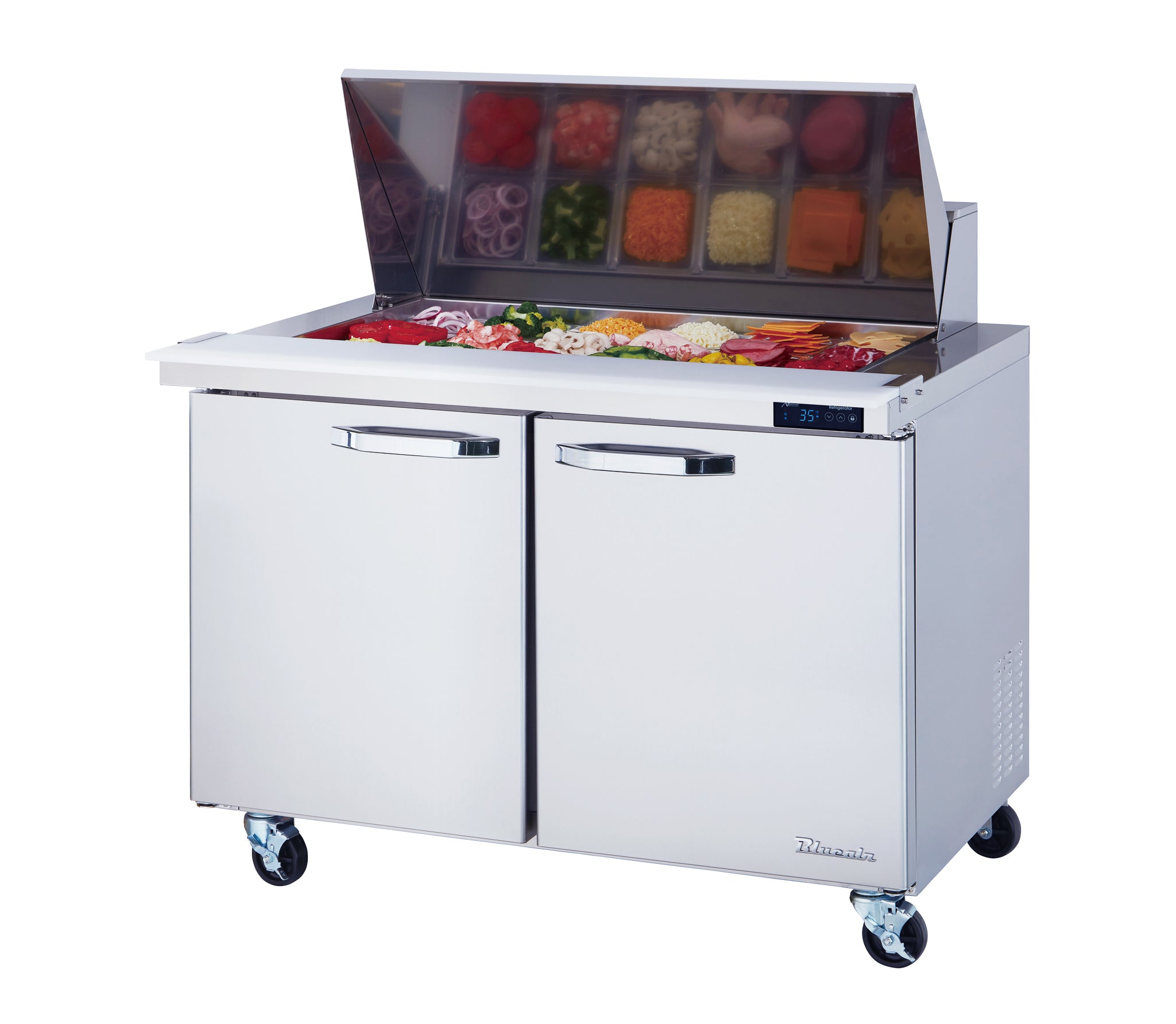 Blue Air - BLMT48-HC, 2 Doors All Stainless Prep. Table with (18) 1/6 Pans - 48" wide, 13 cu/ft., R-290 Refrigerant