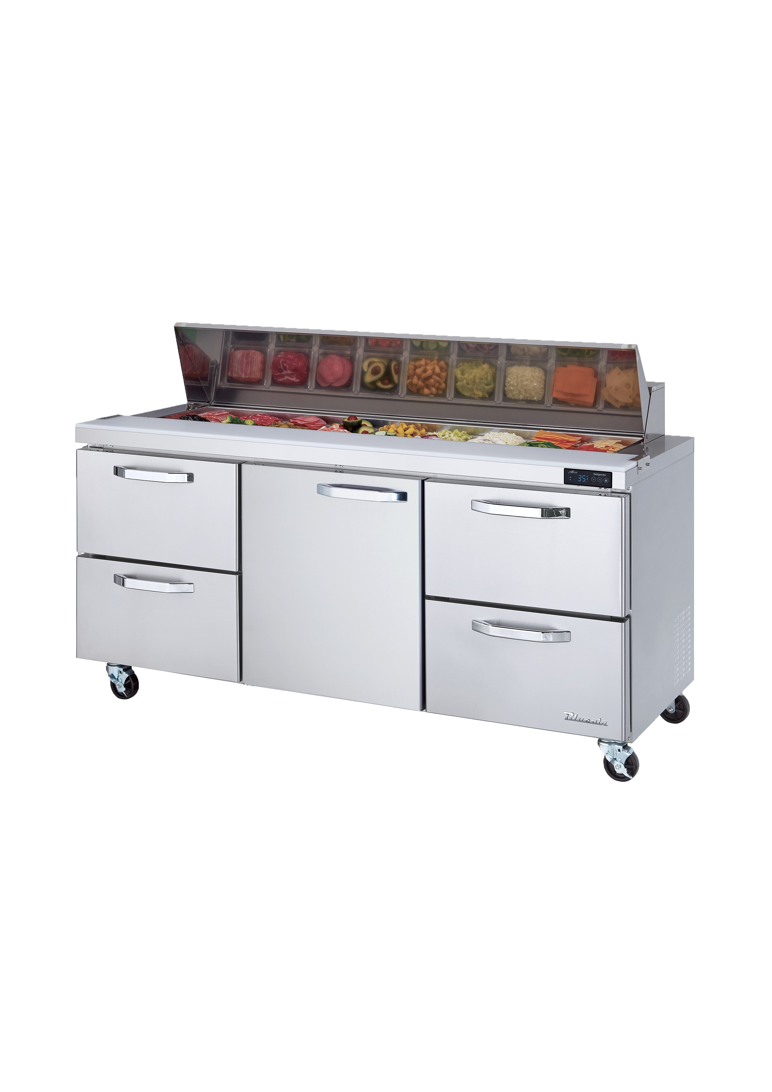 Blue Air - BLPT72-D4RL-HC, 4 Drawers 1 Door (M) All Stainless Prep. Table with (18) 1/6 Pans - 72" wide, 20 cu/ft., R-290 Refrigerant