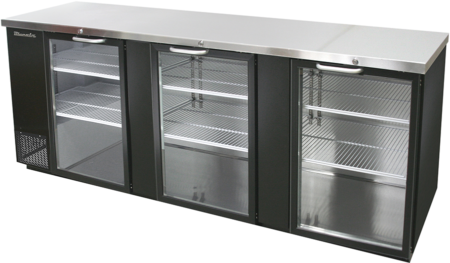 Blue Air - BBB90-4BG-HC, 3 Glass Doors Back Bar Cooler, Black Finish Exterior, 90" W x 27" D, R-290 Refrigerant