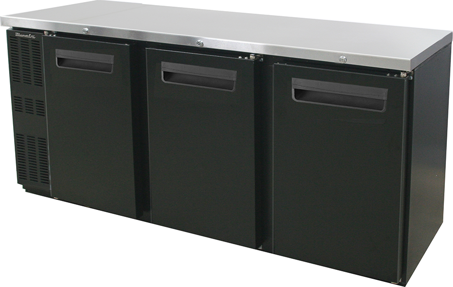 Blue Air - BNB-72BT-HC, 3 Doors Narrow Back Bar Cooler,  Black Finish Exterior, 72-1/4" W x 24"D, R-290 Refrigerant