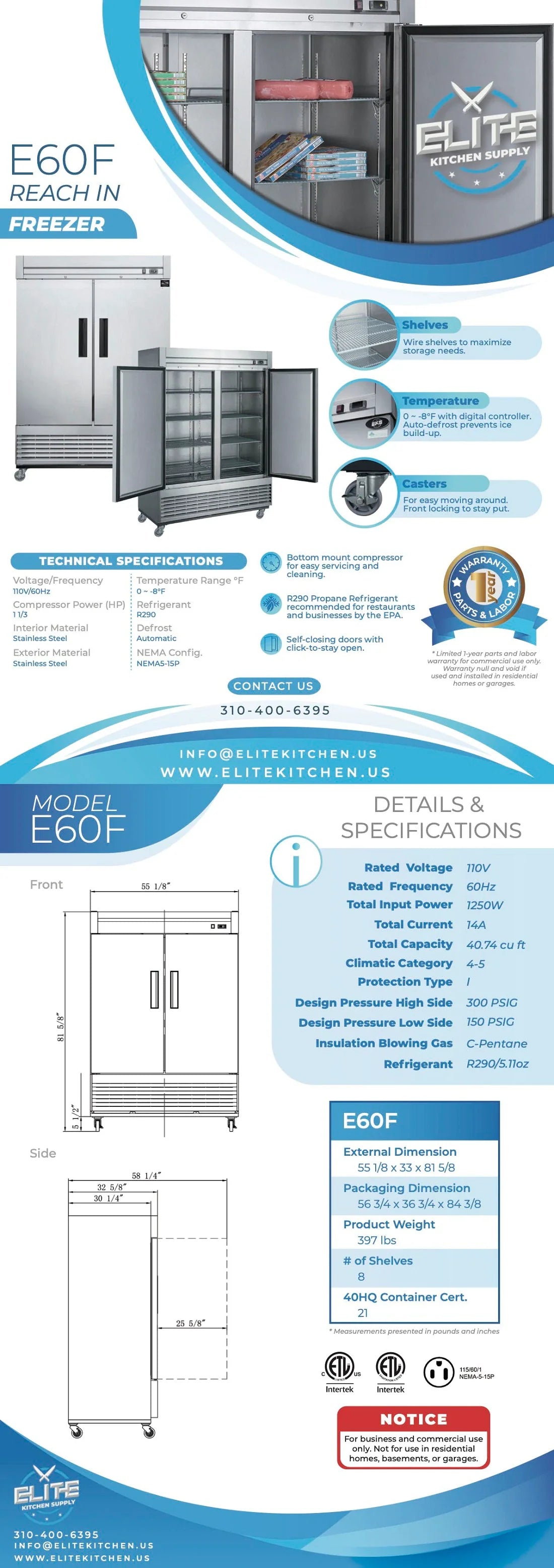 E60F 2-Door Reach-in Commercial Freezer