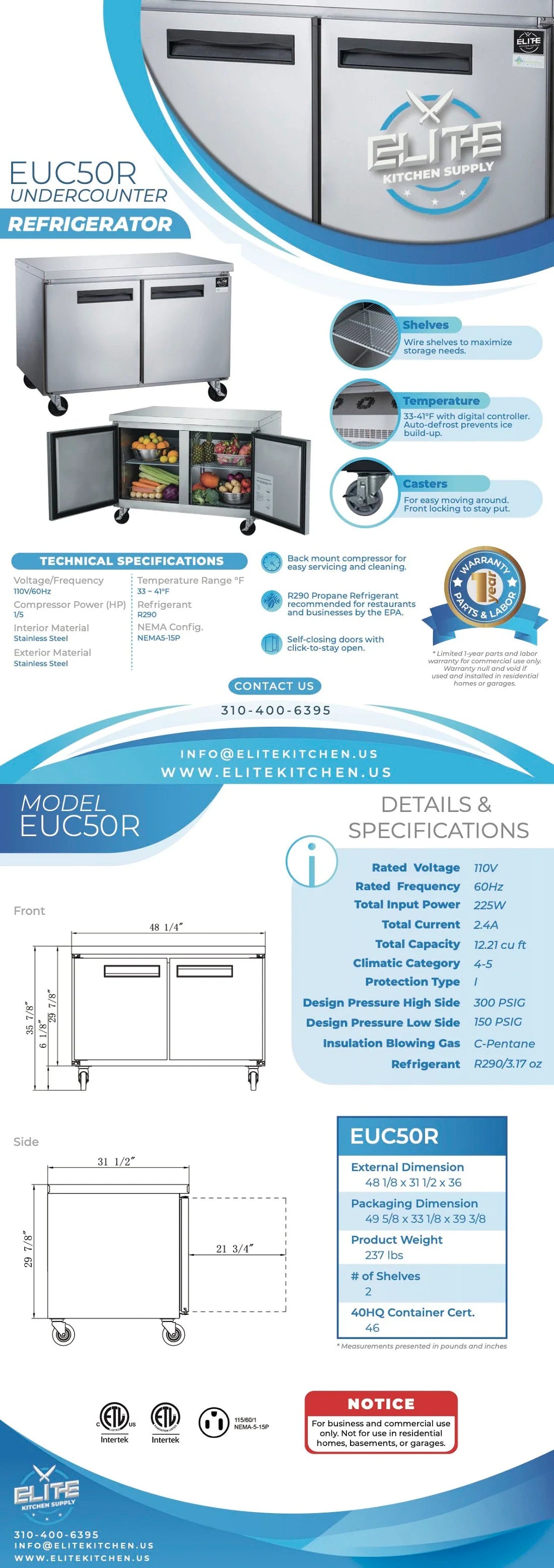 EUC50R 2-Door Undercounter Commercial Refrigerator