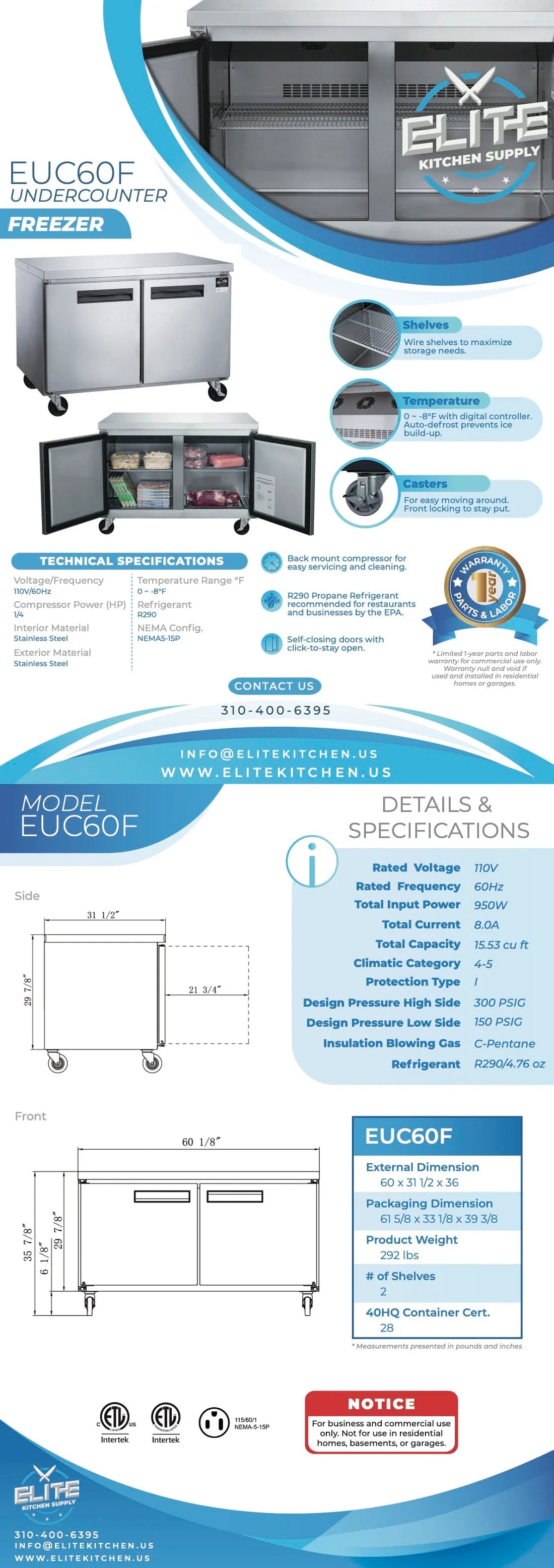 EUC60F 2-Door Undercounter Commercial Freezer