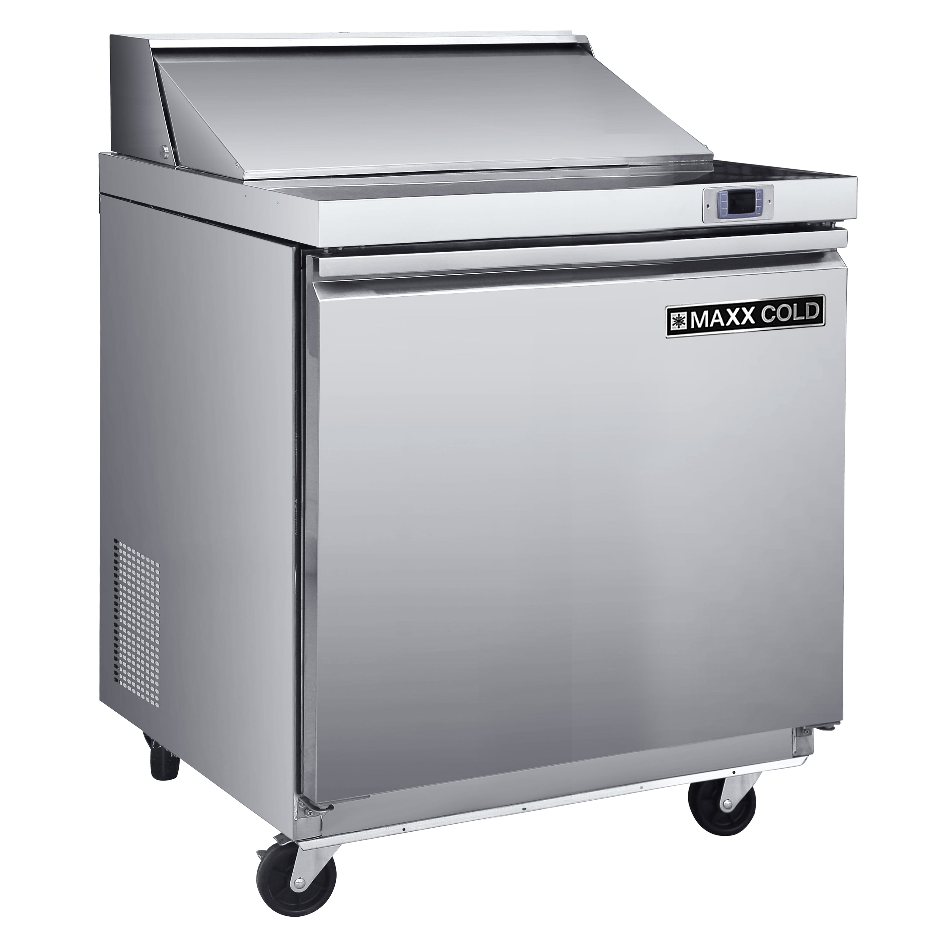 Maxx Cold - MXSR29SHC One-Door Refrigerated Sandwich and Salad Prep Station, 29"W, 7.59 cu, ft. Storage Capacity, Equipped with (4) 4" Deep Pans and Cutting Board, in Stainless Steel