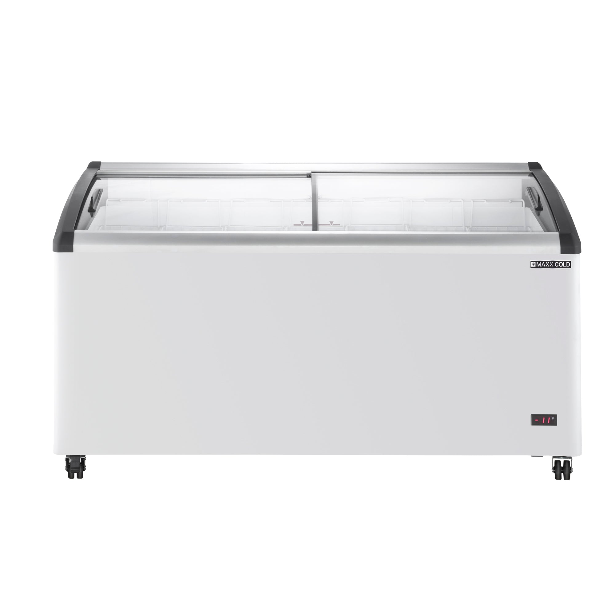 Maxx Cold - MXF64CHC-7 Curved Glass Top Chest Freezer Display, 63.4"W, 12.36 cu. ft. Storage Capacity, Equipped with (7) Wire Baskets, in White