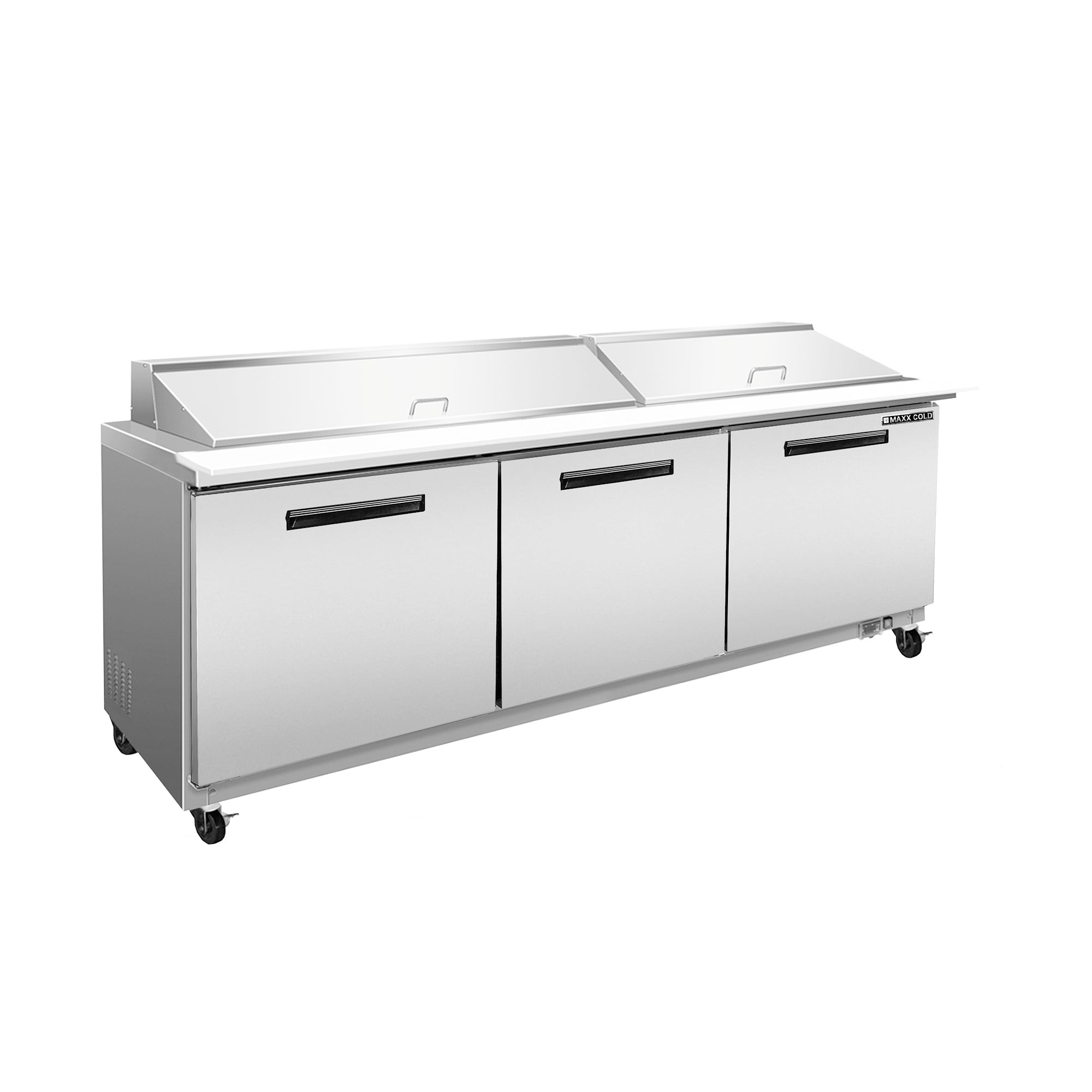 Maxx Cold - MXCR72SHC Three-Door Refrigerated Sandwich and Salad Prep Station, 71.7"W, 18 cu. ft. Storage Capacity, Equipped with (18) 4” Deep Pans and Cutting Board, in Stainless Steel