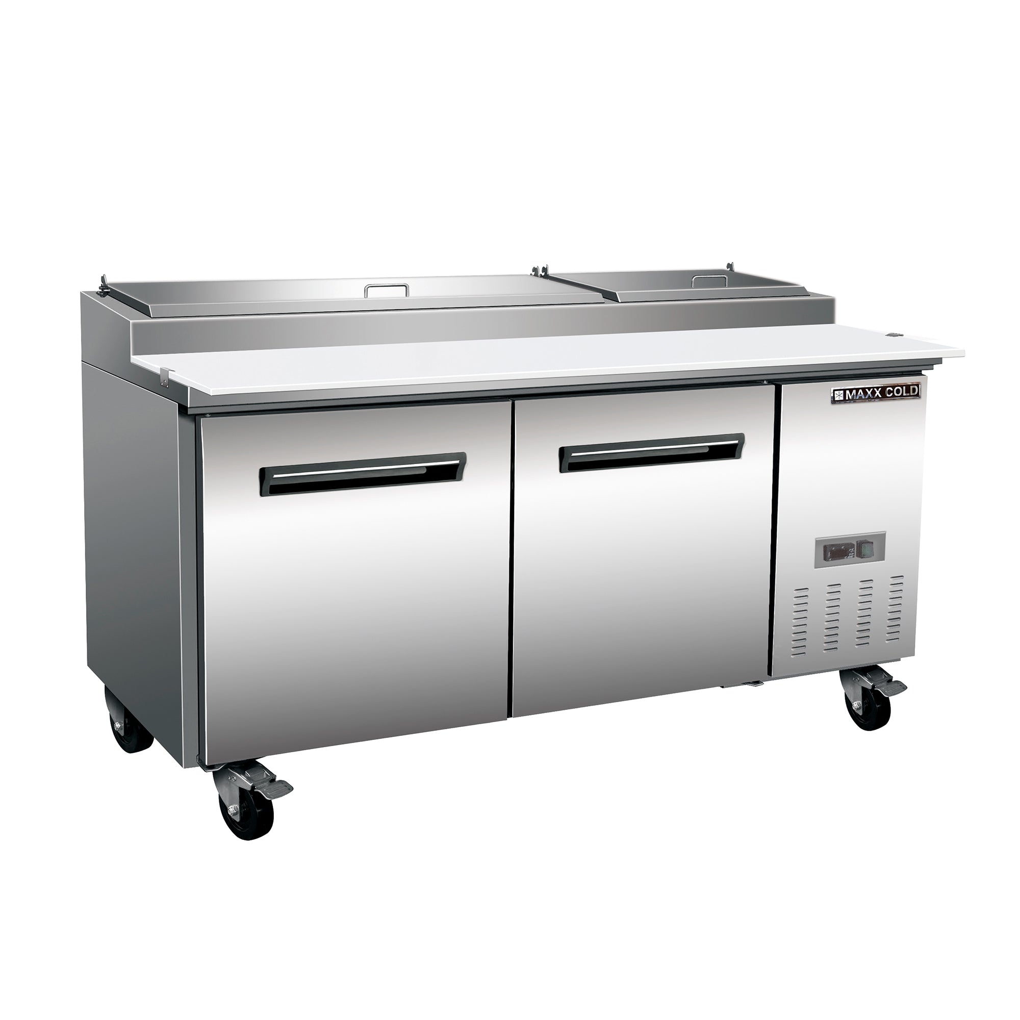 Maxx Cold - MXCPP70HC Two-Door Refrigerated Pizza Prep Table, 70.8”W, 22 cu. ft. Storage Capacity, Equipped with (9) 4” Deep Pans and Cutting Board, in Stainless Steel