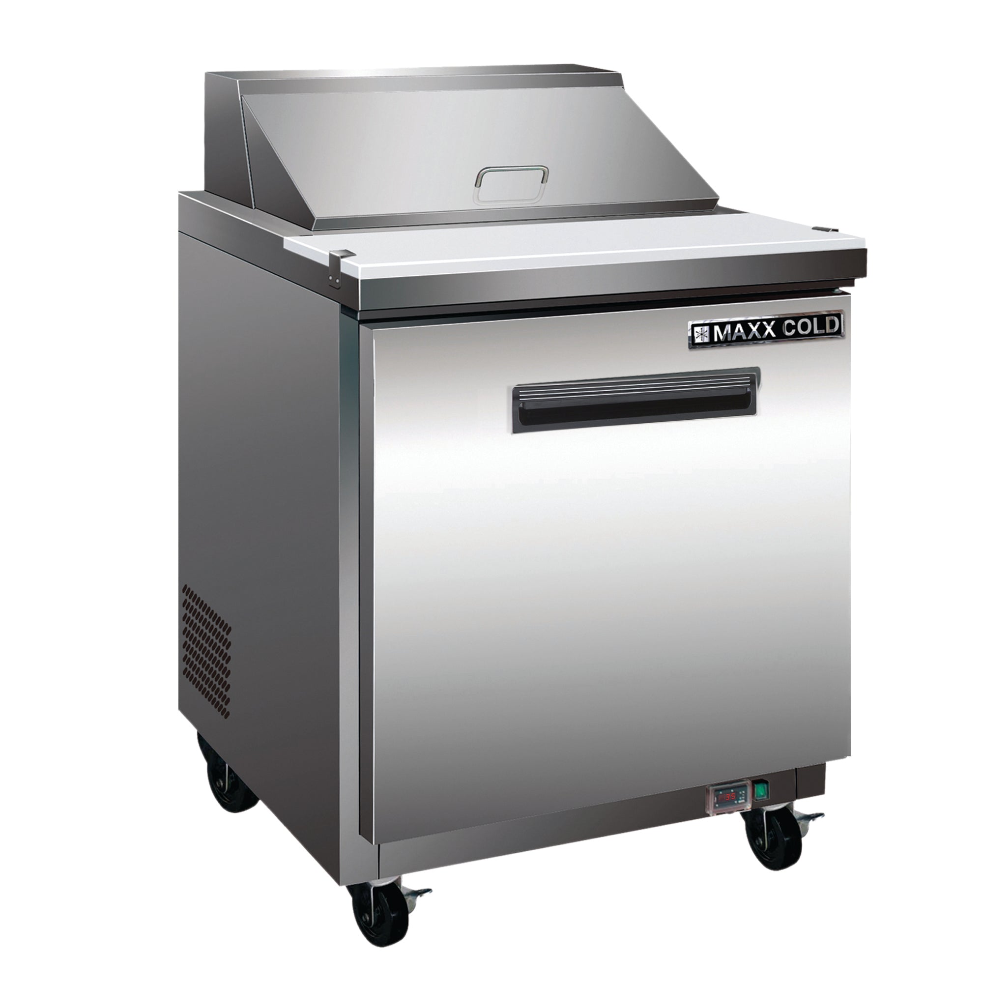 Maxx Cold - MXCR29MHC One-Door Refrigerated Megatop Prep Unit, 29"W, 7 cu. ft. Storage Capacity, Equipped with (12) 4" Deep Pans and Cutting Board, in Stainless Steel