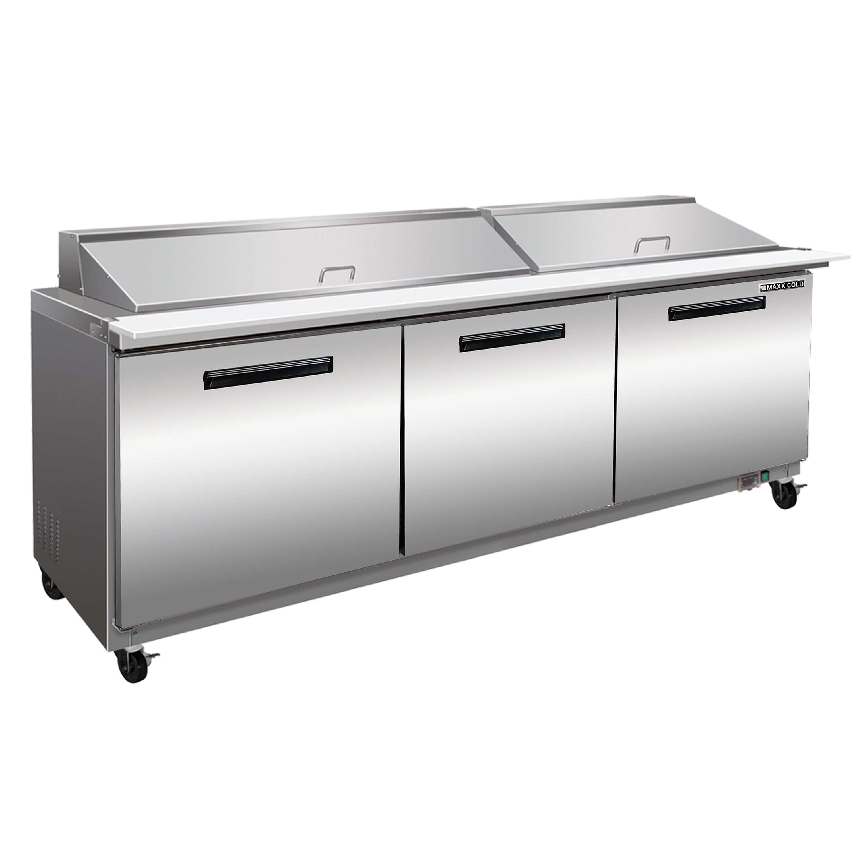 Maxx Cold - MXCR72MHC Three-Door Refrigerated Megatop Prep Unit, 72"W, 18 cu. ft. Storage Capacity, Equipped with (27) 4" Deep Pans and Cutting Board, in Stainless Steel