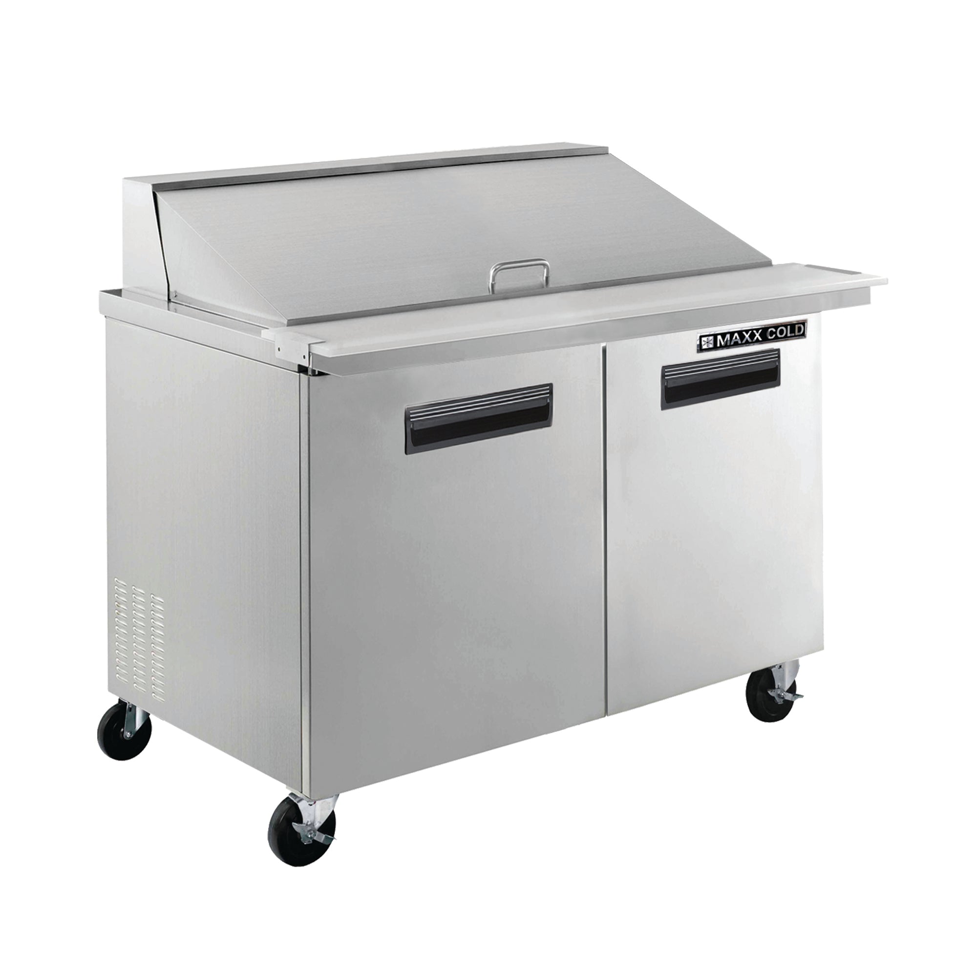 Maxx Cold - MXCR48MHC Two-Door Refrigerated Megatop Prep Unit, 48”W, 12 cu. ft. Storage Capacity, Equipped with (18) 4" Deep Pans and Cutting Board, in Stainless Steel