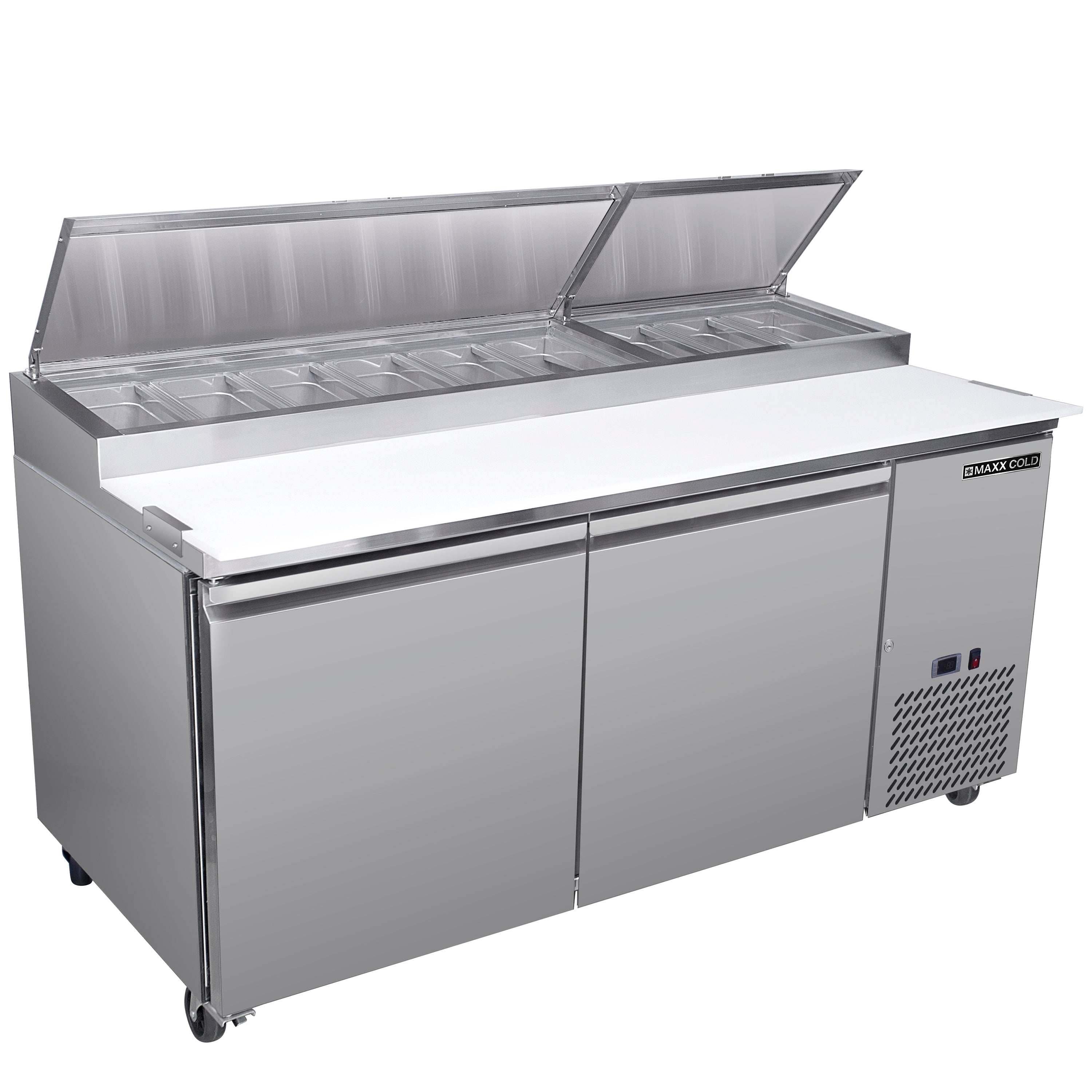 Maxx Cold - MXSPP70HC Two-Door Refrigerated Pizza Prep Table, 71" W, 20.91 cu. ft. Storage Capacity, Equpped with (9) 4" Deep Pans and Cutting Board, in Stainless Steel