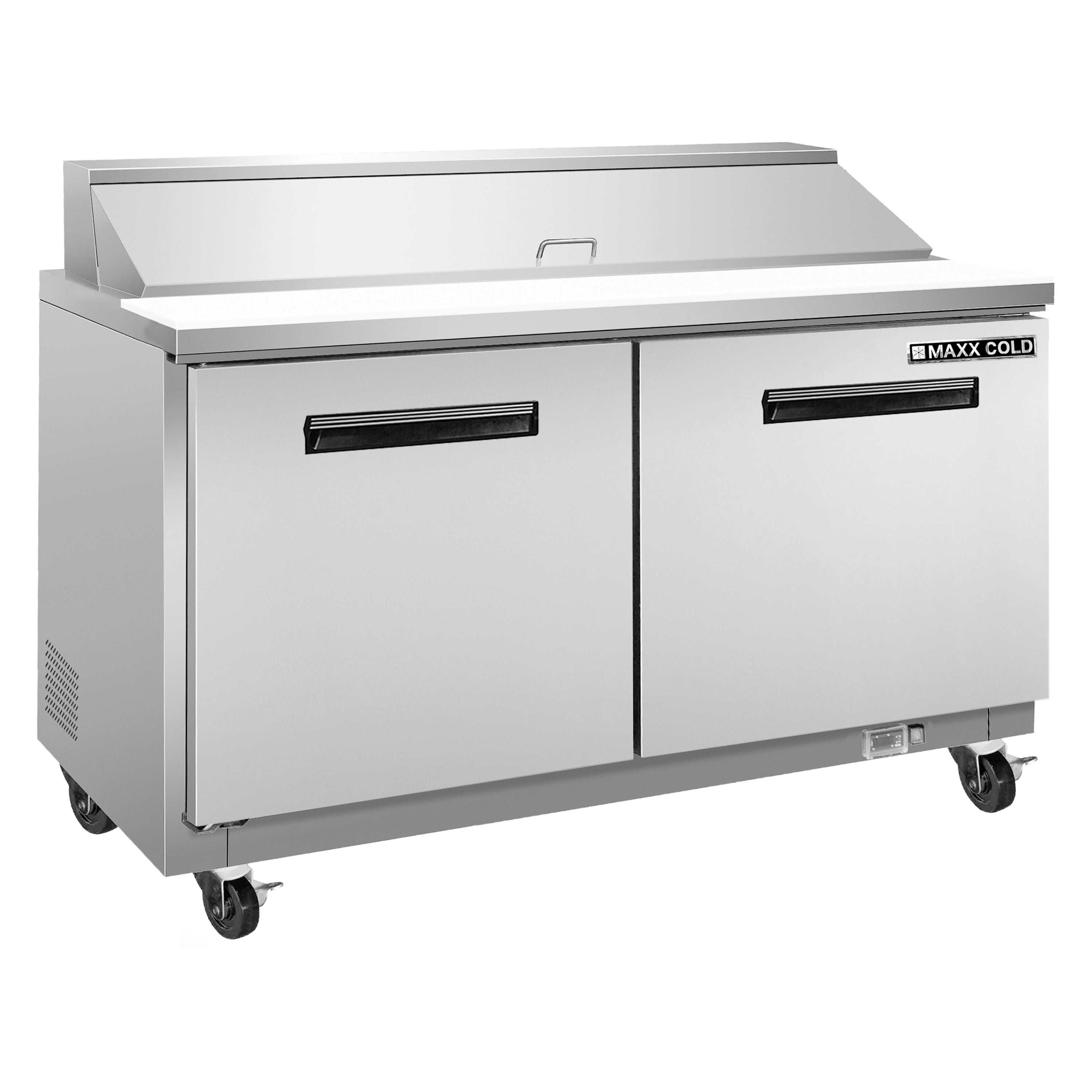 Maxx Cold - MXCR60SHC Two-Door Refrigerated Sandwich and Salad Prep Station, 61"W, 15.5. cu. ft. Storage Capacity, Equipped with (16) 4” Deep Pans and Cutting Board, in Stainless Steel