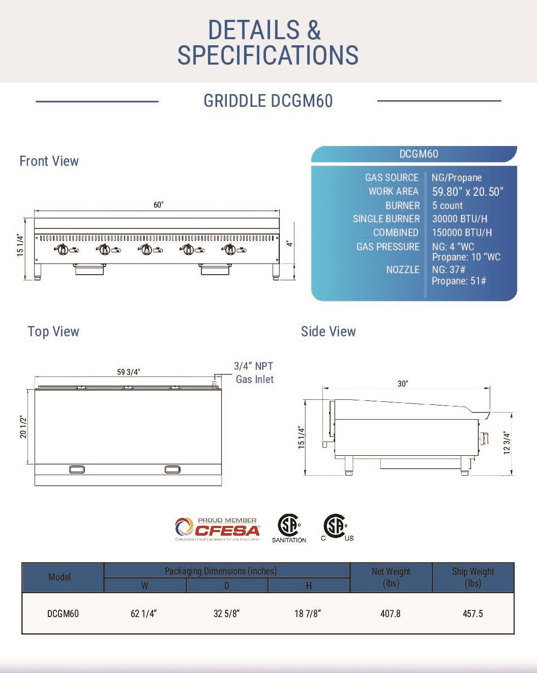 Dukers - DCGM60 60" NG/LP Gas Manual Countertop Griddle