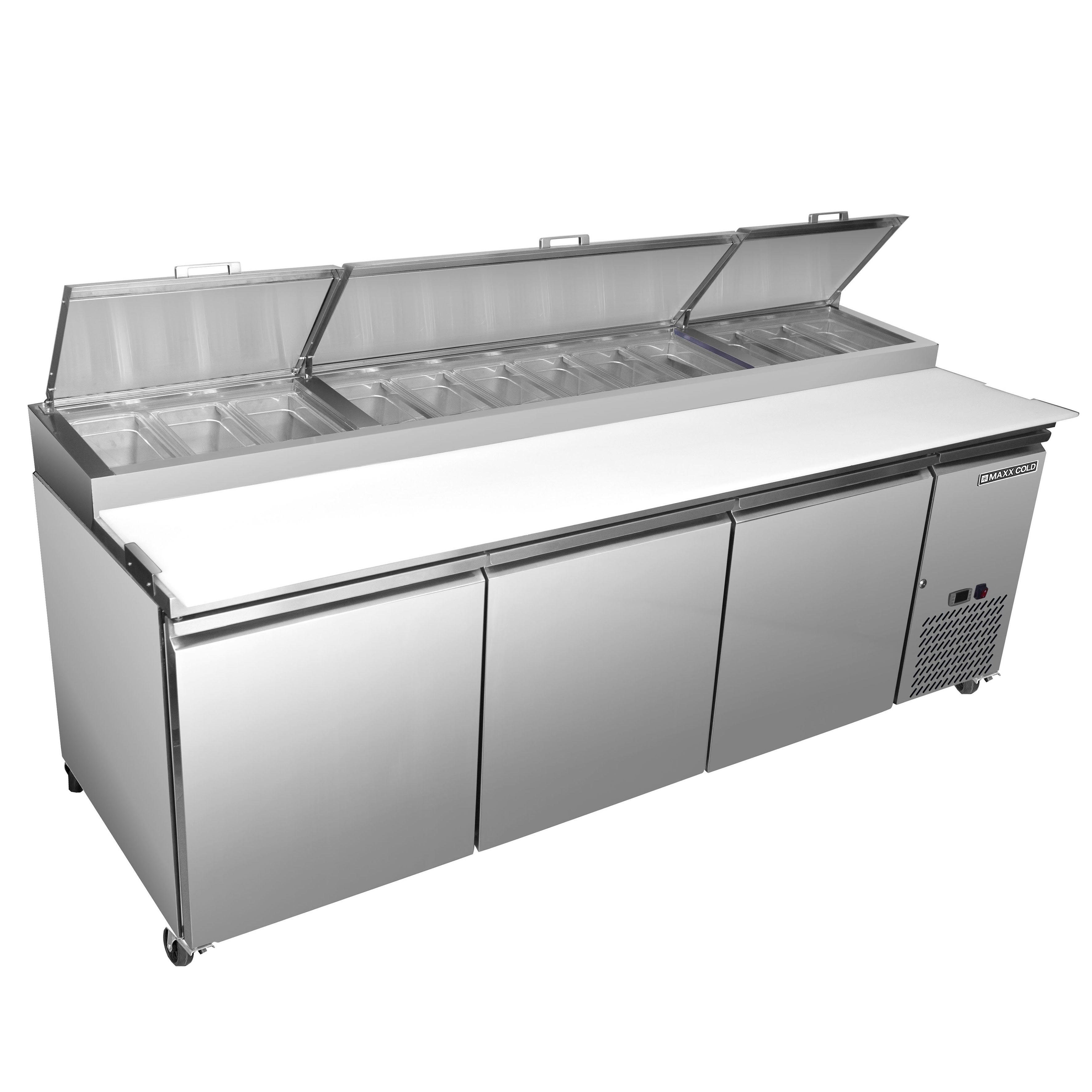 Maxx Cold - MXSPP92HC Three-Door Refrigerated Pizza Prep Table, 92" W, 30.87 cu. ft. Storage Capacity, Equipped with (12) 4" Deep Pans and Cutting Board, in Stainless Steel