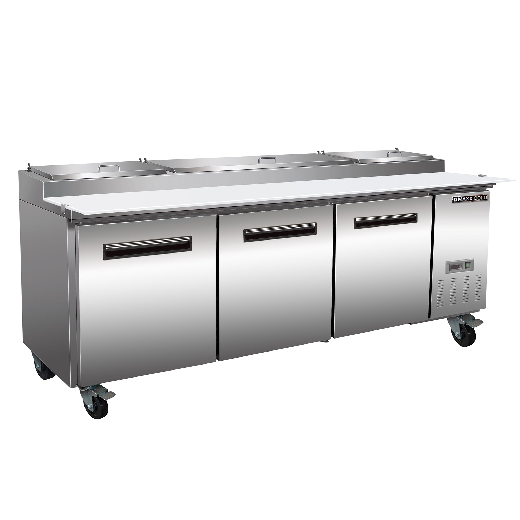 Maxx Cold - MXCPP92HC Three-Door Refrigerated Pizza Prep Table, 94.2”W, 32 cu. ft. Storage Capacity, Equipped with (12) 4” Deep Pans and Cutting Board, in Stainless Steel